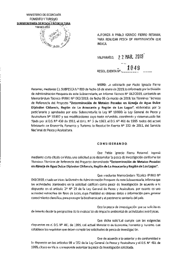 Res. Ex. N° 1049-2019 Determinación de metales pesados en almeja, Región de La Araucanía y Región de Los Lagos.