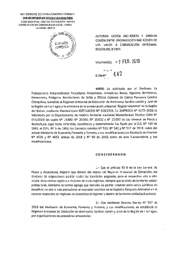 Res. Ex. N° 447-2019 Autoriza cesión Anchoveta y Sardina común Región de Los Lagos a Región del Biobío.