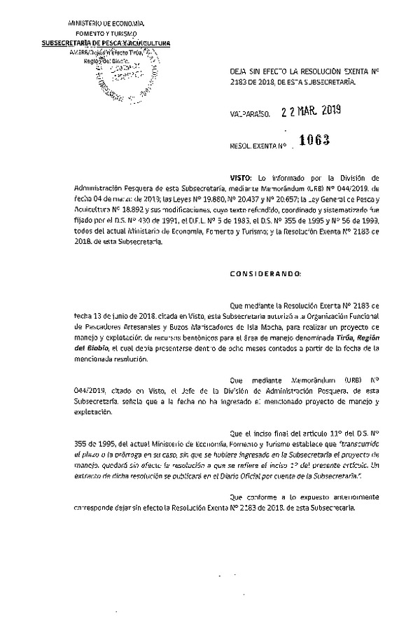 Res. Ex. N° 1063-2019 deja sin efecto Res. Ex. N° 2183-2018 Plan de Manejo.