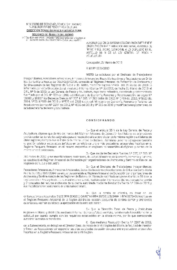 Res. Ex. N° 35-2019 (DZP VIII) Autoriza Cesión Anchoveta y Sardina común, Regiones de Ñuble y del Biobío.
