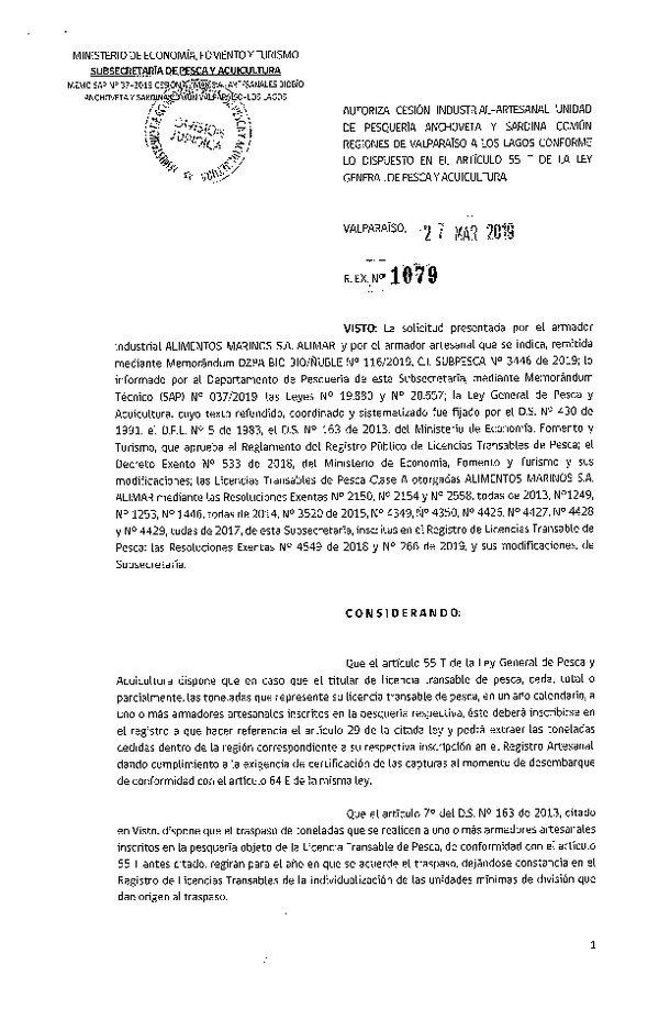 Res. Ex. N° 1079-2019 Autoriza cesión pesquería Anchoveta y Sardina común, Regiones de Valparaíso a Los Lagos.