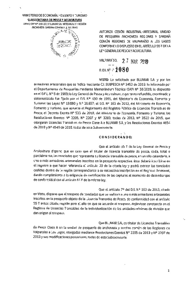Res. Ex. N° 1080-2019 Autoriza cesión pesquería Anchoveta y Sardina común, Regiones de Valparaíso a Los Lagos.