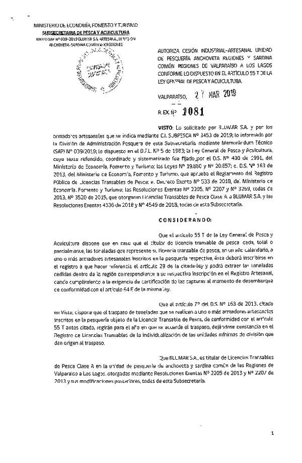 Res. Ex. N° 1081-2019 Autoriza cesión pesquería Anchoveta y Sardina común, Regiones de Valparaíso a Los Lagos.