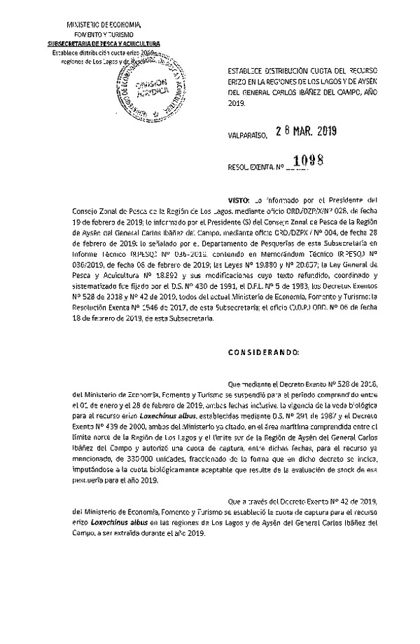 Res. Ex. N° 1098-2019 Establece Distribución Cuota del Recurso Erizo, Regiones de Los Lagos y Aysén del General Carlos Ibañez del Campo, Año 2019. (Publicado en Página Web 29-03-2019) (F.D.O. 05-04-2019)