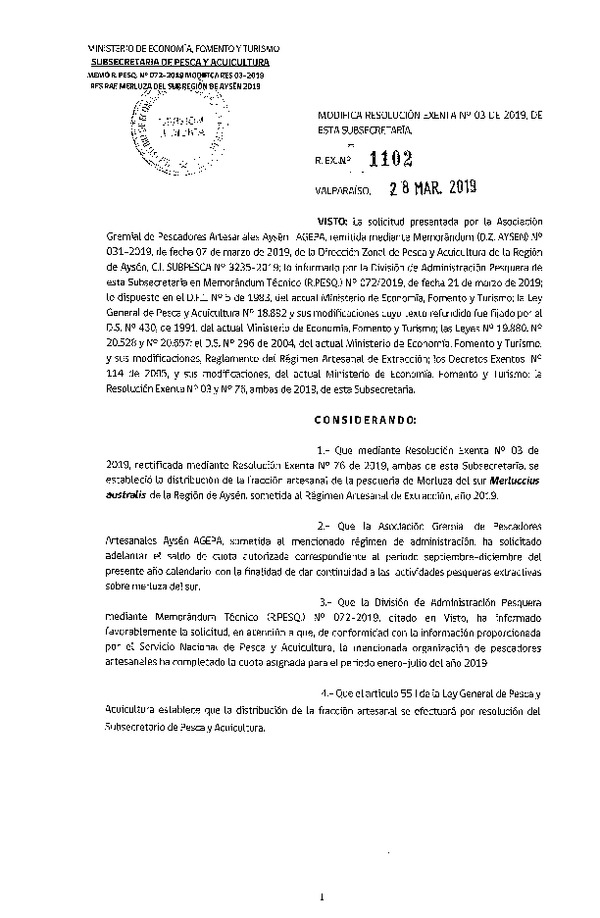 Res. Ex. N° 1102-2019 Modifica Res. Ex. N° 3-2019 Distribución de la Fracción Artesanal de Pesquería de Merluza del Sur por Organización, Región de Aysén, año 2019. (Publicado en Página Web 29-03-2019)