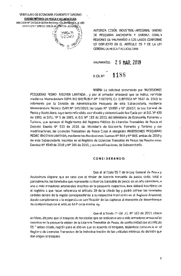 Res. Ex. N° 1188-2019 Autoriza cesión pesquería Anchoveta y Sardina común, Regiones de Valparaíso a Los Lagos.