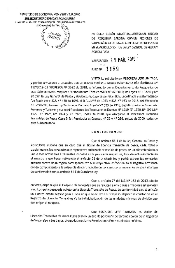 Res. Ex. N° 1189-2019 Autoriza cesión pesquería Sardina común, Regiones de Valparaíso a Los Lagos.