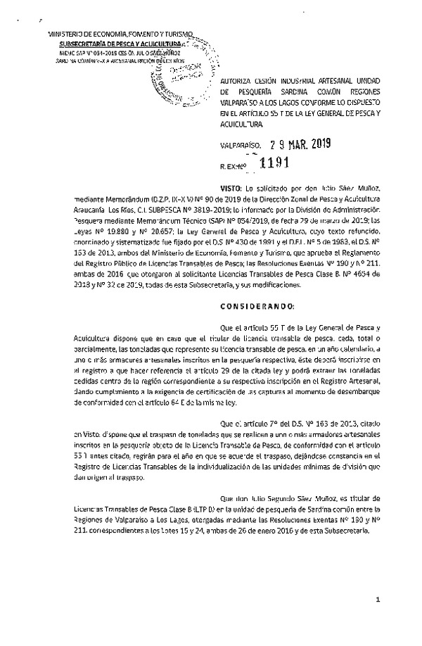 Res. Ex. N° 1191-2019 Autoriza cesión pesquería Sardina común, Regiones de Valparaíso a Los Lagos.
