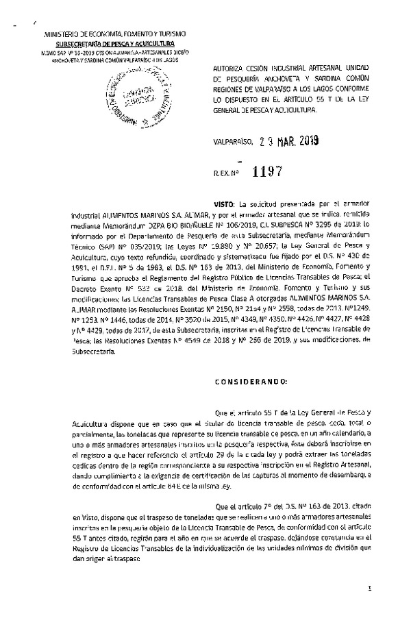 Res. Ex. N° 1197-2019 Autoriza cesión pesquería Anchoveta y Sardina común, Regiones de Valparaíso a Los Lagos.