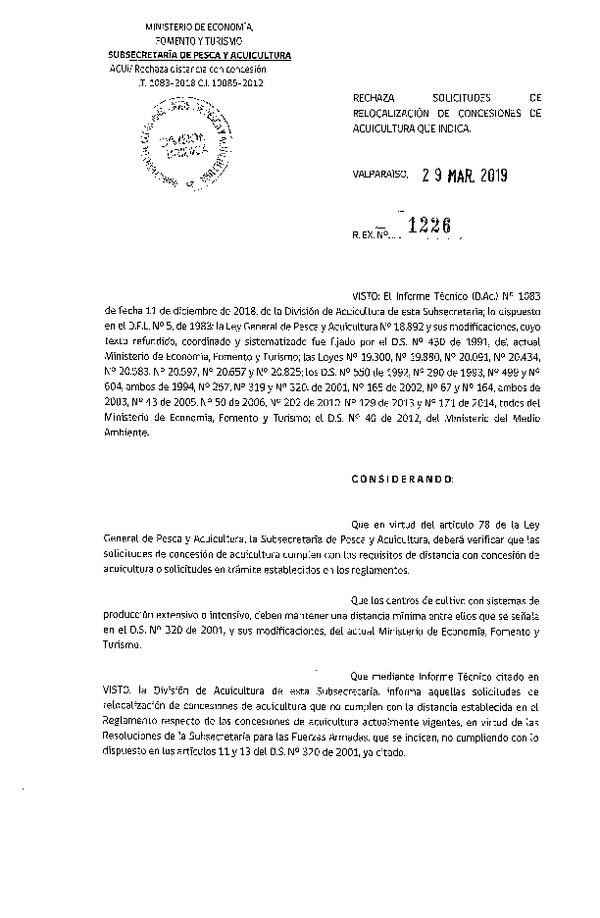 Res. Ex. N° 1226-2019 Rechaza solicitudes de relocalización de concesiones de acuicultura que indica.