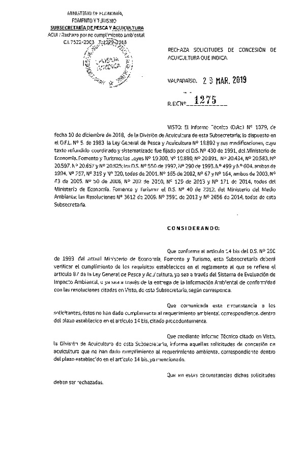 Res. Ex. N° 1275-2019 Rechaza solicitudes de concesión de acuicultura que indica.
