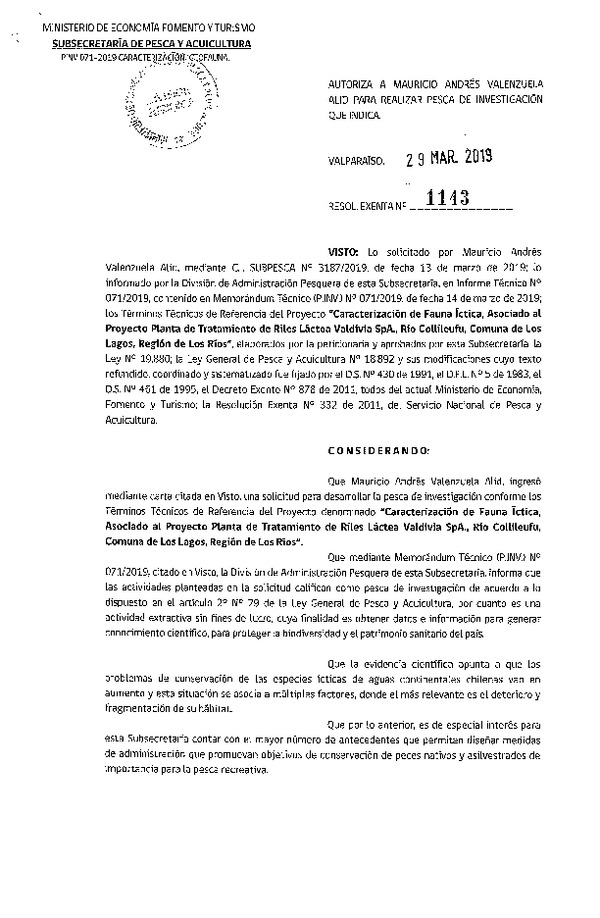 Res. Ex. N° 1143-2019 Caracterización de fauna ícitca, Región de Los Ríos.