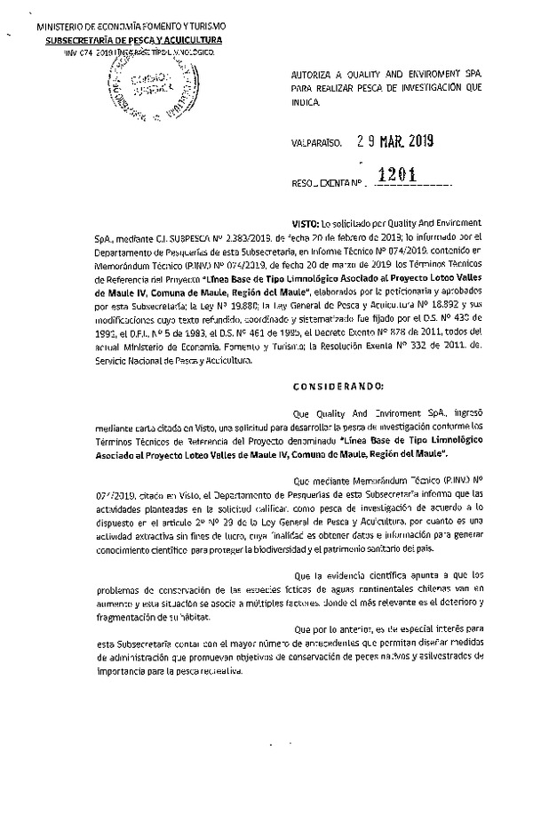 Res. Ex. N° 1201-2019 Línea base de tipo limnológico, Región del Maule.