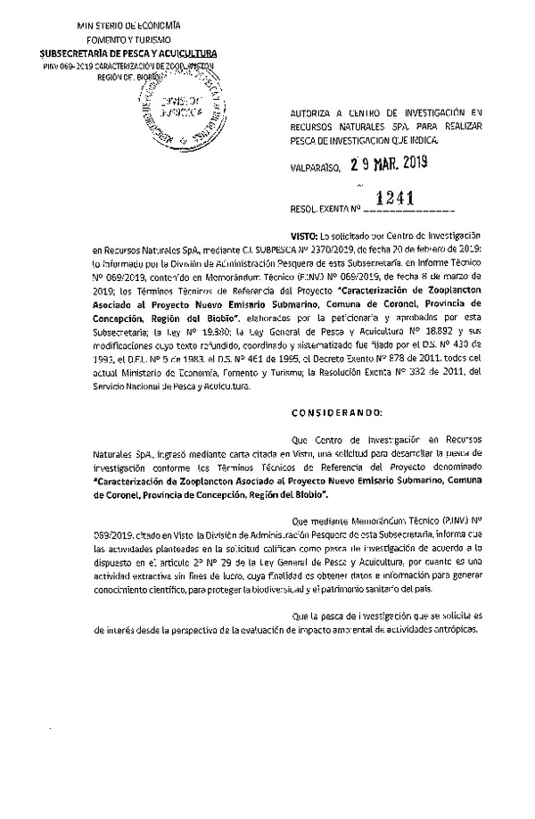 Res. Ex. N° 1241-2019 Caracterización de zooplancton, Región del Biobío.