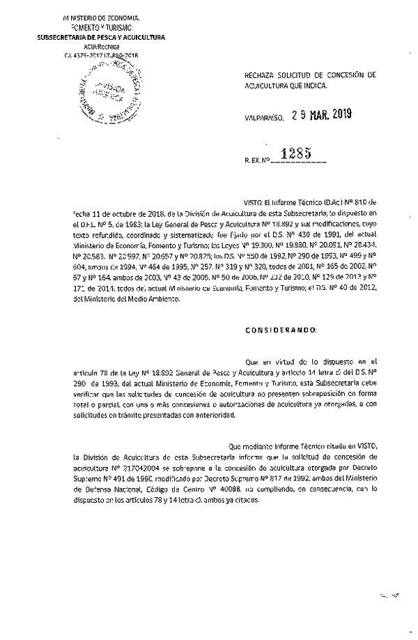 Res. Ex. N° 1285-2019 Rechaza solicitud de concesión de acuicultura que indica.