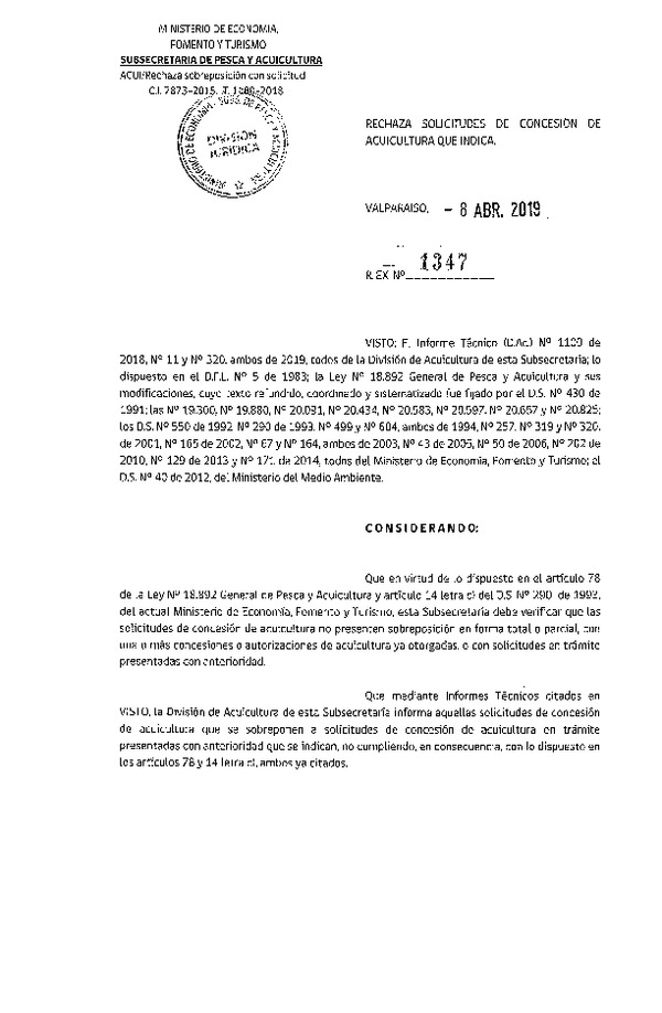 Res. Ex. N° 1347-2019 Rechaza solicitudes de concesión de acuicultura que indica.