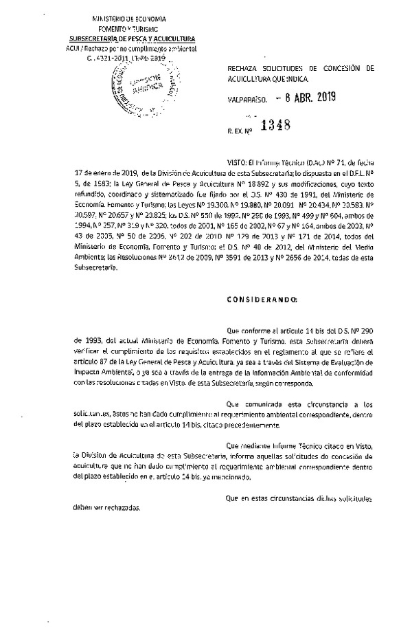 Res. Ex. N° 1348-2019 Rechaza solicitudes de concesión de acuicultura que indica.