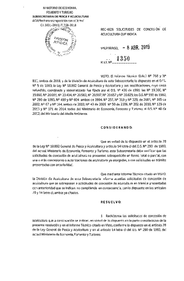 Res. Ex. N° 1350-2019 Rechaza solicitudes de concesión de acuicultura que indica.