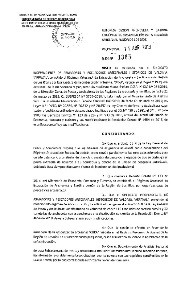 Res. Ex. N° 1365-2019 Autoriza cesión Anchoveta y sardina común Región de Los Ríos.