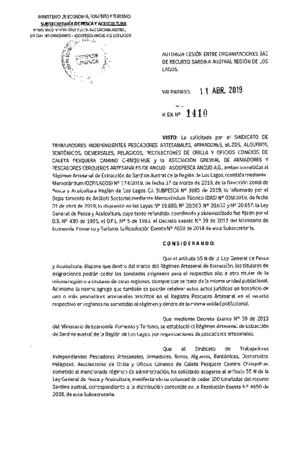 Res. Ex. N° 1410-2019 Autoriza cesión Sardina austral, Región de Los Lagos.
