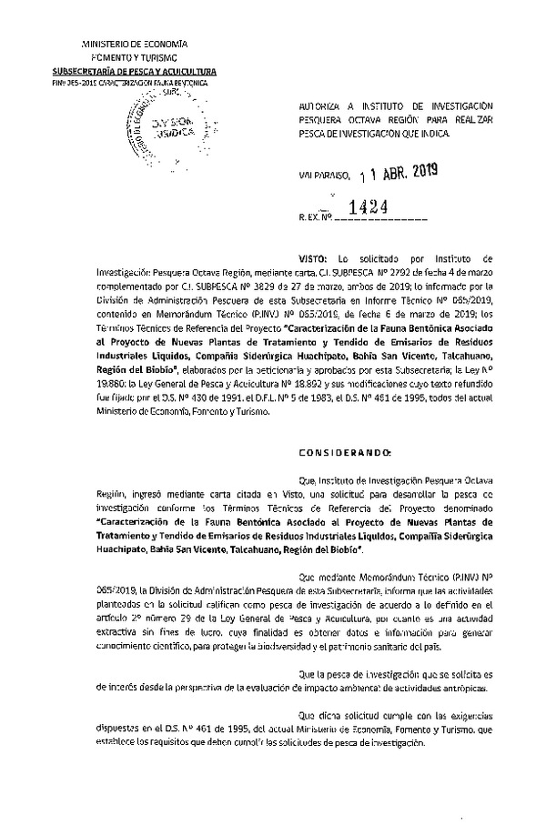 Res. Ex. N° 1424-2019 Caracterización de la fauna bentónica, Región del Biobío.