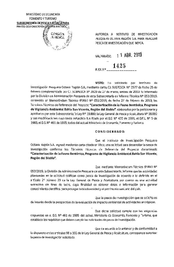 Res. Ex. N° 1425-2019 Caracterización de la fauna bentónica, Región del Biobío.