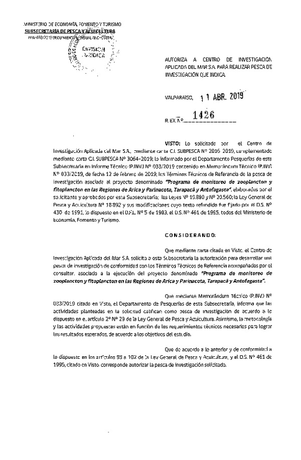 Res. Ex. N° 1426-2019 Programa de monitoreo de zooplancton, Regiones de Arica y Parinacota, Tarapacá y Antofagasta.