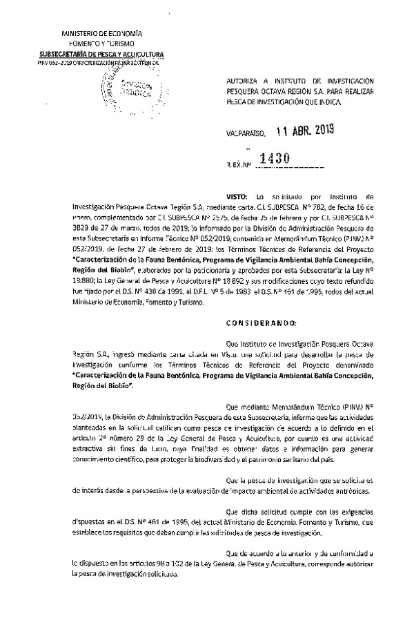 Res. Ex. N° 1430-2019 Caracterización de la fauna bentónica, Región del Biobío.