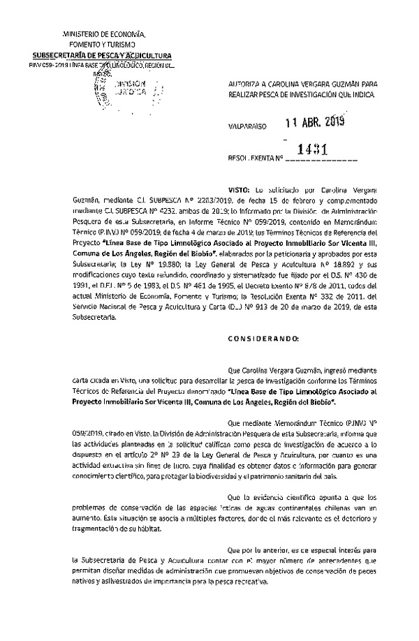 Res. Ex. N° 1431-2019 Línea base de tipo Limnológico, Región del Biobío.