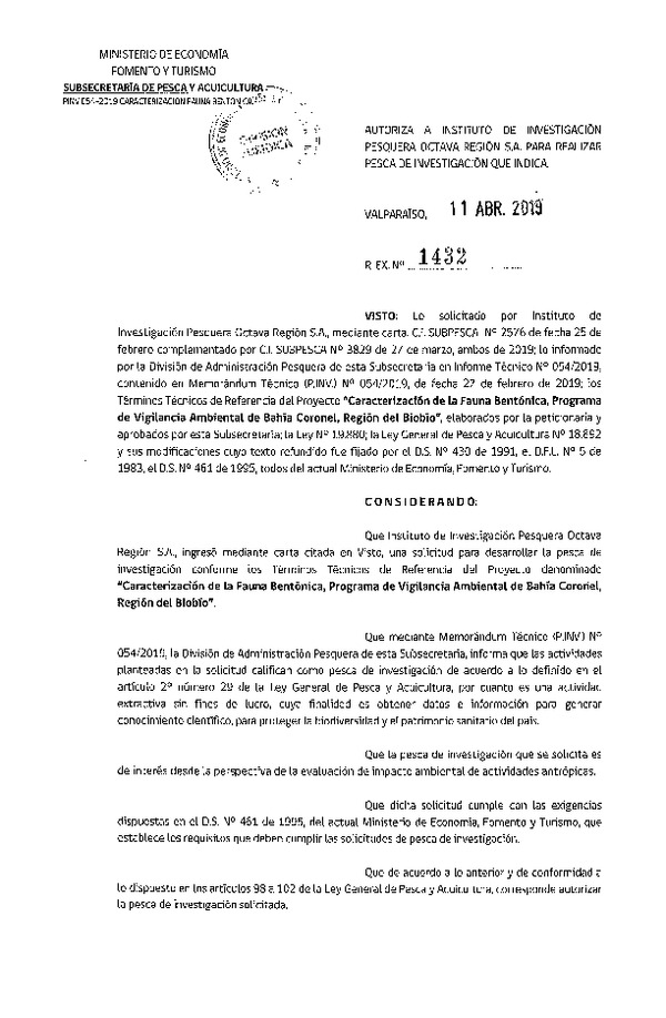 Res. Ex. N° 1432-2019 Caracterización de la fauna bentónica, Región del Biobío.