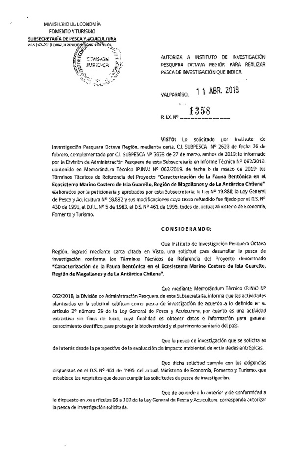 Res. Ex. N° 1358-2019 Caracterización de la fauna bentónica, Región del Biobío.