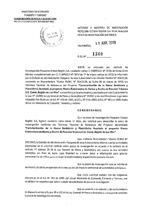 Res. Ex. N° 1360-2019 Caracterización de la fauna bentónica, Región del Biobío.