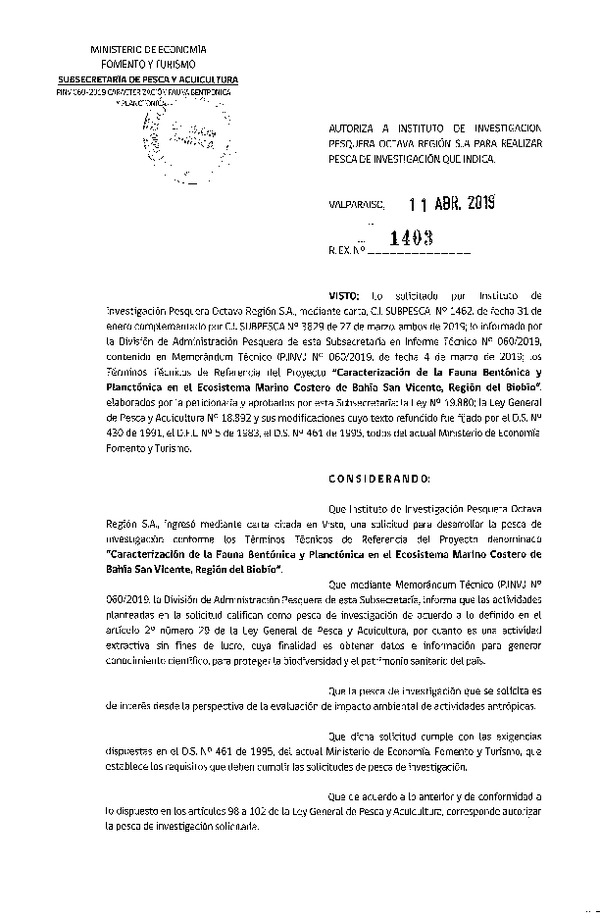 Res. Ex. N° 1403-2019 Caracterización de la fauna bentónica, Región del Biobío.