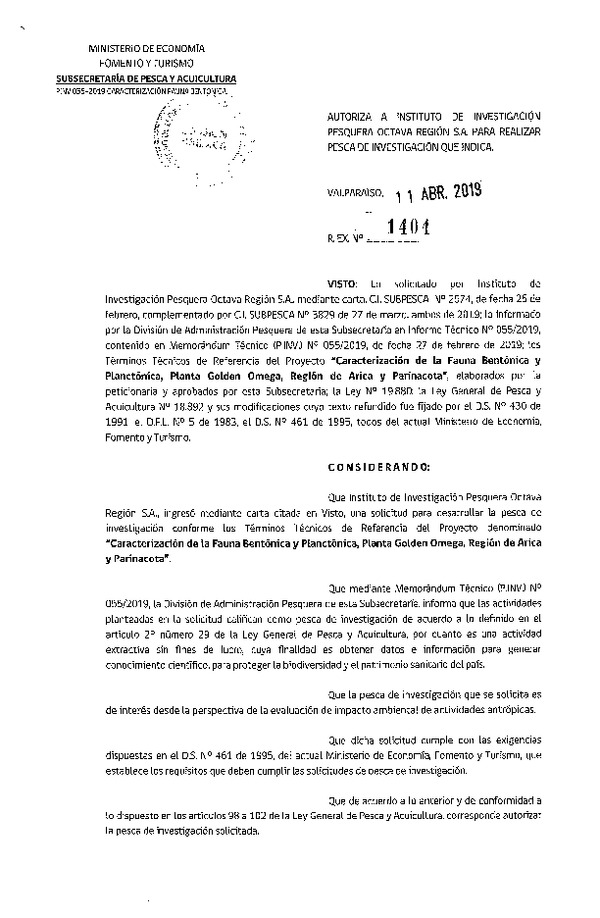 Res. Ex. N° 1404-2019 Caracterización de la fauna bentónica, Región del Biobío.