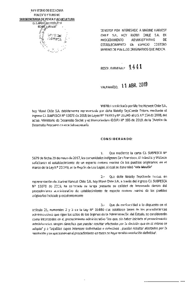 Res. Ex. N° 1441-2019 Téngase por interesado a Marine Harvest Chile S.A. en procedimiento administrativo.