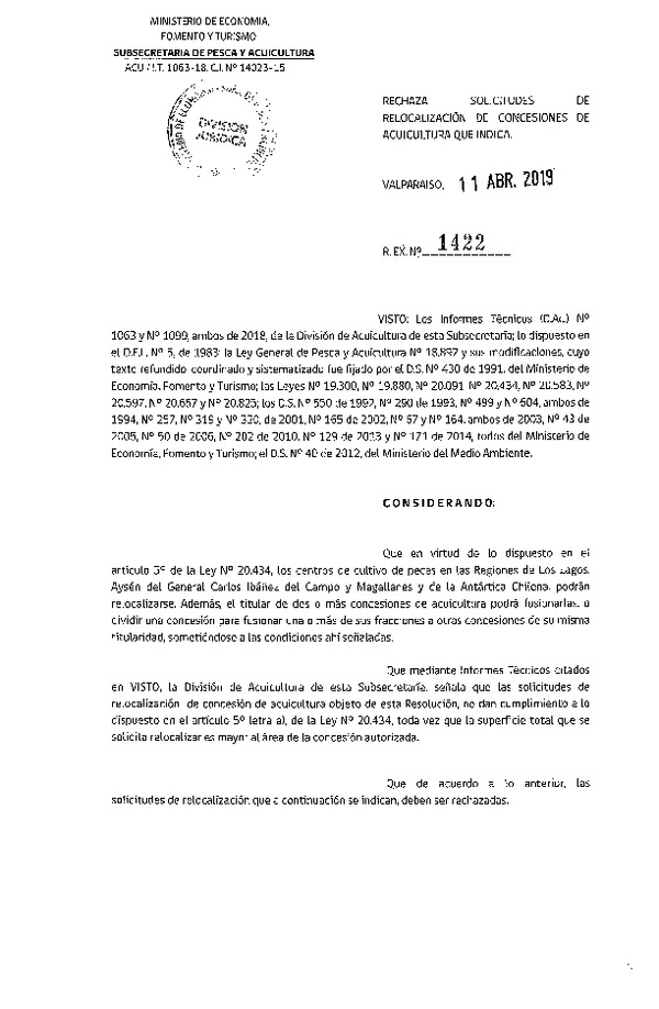 Res. Ex. N° 1422-2019 Rechaza solicitudes de relocalización de concesiones de acuicultura que indica.