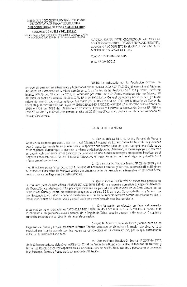 Res. Ex. N° 48-2019 (DZP VIII) Autoriza cesión Merluza común Regiones de Ñuble y del Biobío.