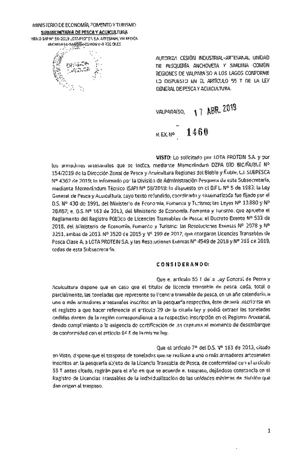 Res. Ex. N° 1460-2019 Autoriza cesión pesquería Anchoveta y Sardina común, Regiones de Valparaíso a Los Lagos.