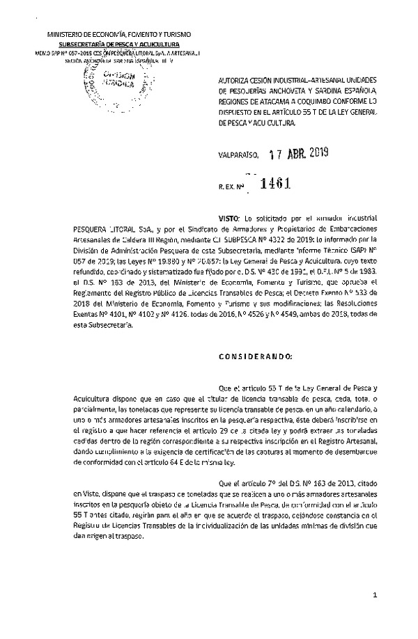 Res. Ex. N° 1461-2019 Autoriza cesión pesquería Anchoveta y Sardina española, Regiones de Atacama a Coquimbo.