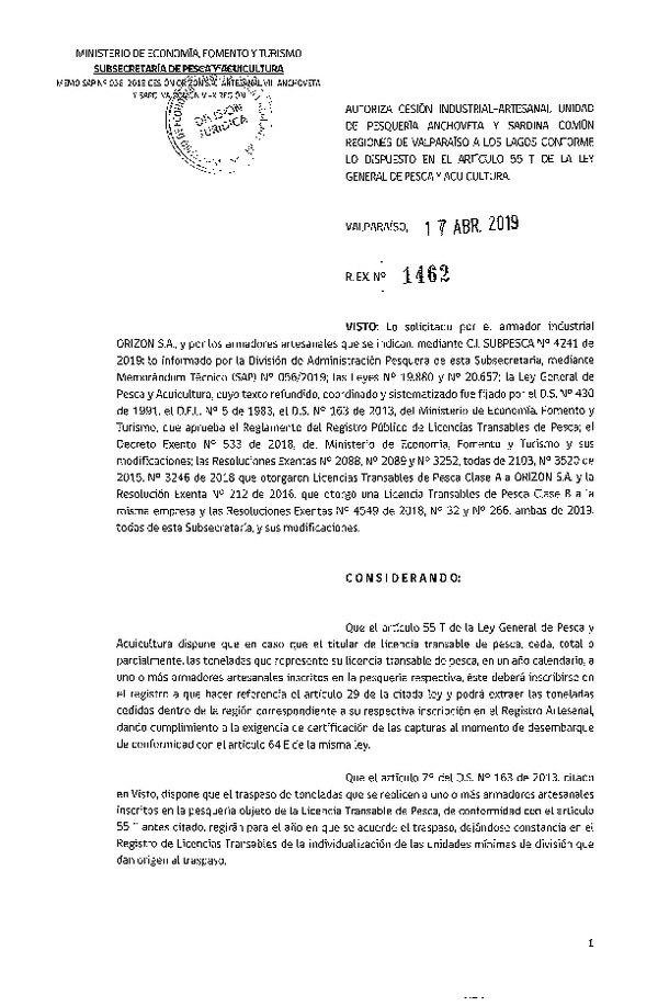 Res. Ex. N° 1462-2019 Autoriza cesión pesquería Anchoveta y Sardina común, Regiones de Valparaíso a Los Lagos.