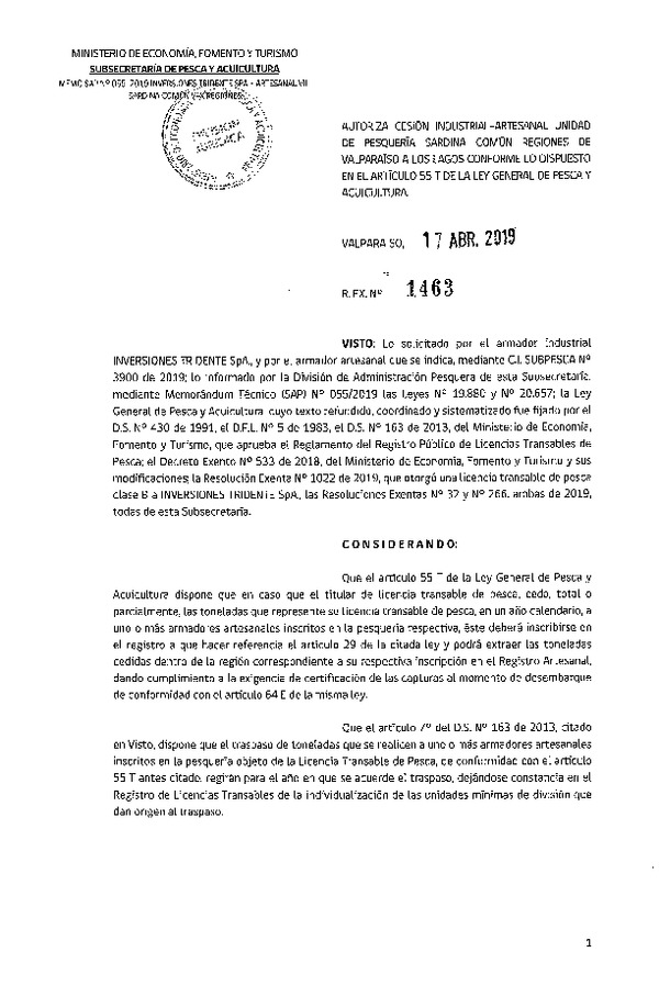 Res. Ex. N° 1463-2019 Autoriza cesión pesquería Anchoveta y Sardina común, Regiones de Valparaíso a Los Lagos.