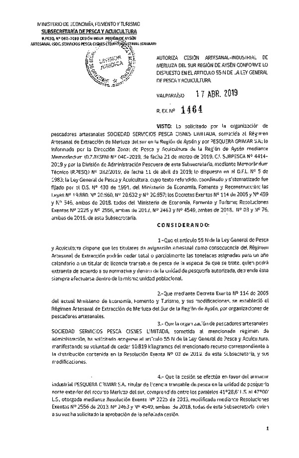 Res. Ex. N° 1464-2019 Cesión Merluza del sur Región de Aysén.