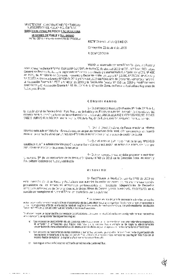 Res. Ex. N° 52 -2019 (DZP VIII) Rectifica Res. Ex. N° 49-2019 (DZP VIII) Autoriza cesión Merluza común Regiones de Ñuble y del Biobío.