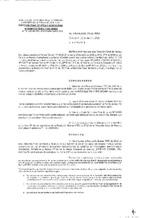 Res. Ex. N° 53 -2019 (DZP VIII) Rectifica Res. Ex. N° 50-2019 (DZP VIII) Autoriza cesión Merluza común Regiones de Ñuble y del Biobío.