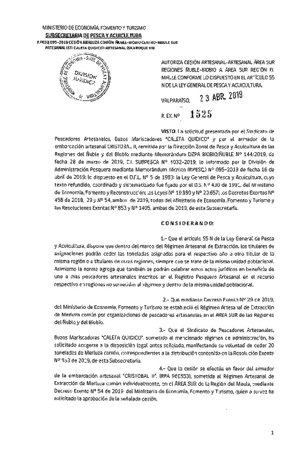 Res. Ex. N° 1525-2018 Autoriza cesión Merluza común Regiones Ñuble - Biobío. a Región del Maule.