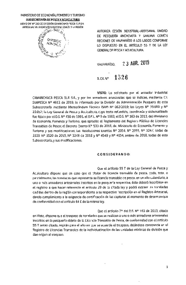 Res. Ex. N° 1526-2019 Autoriza cesión pesquería Anchoveta y Sardina común, Regiones de Valparaíso a Los Lagos.