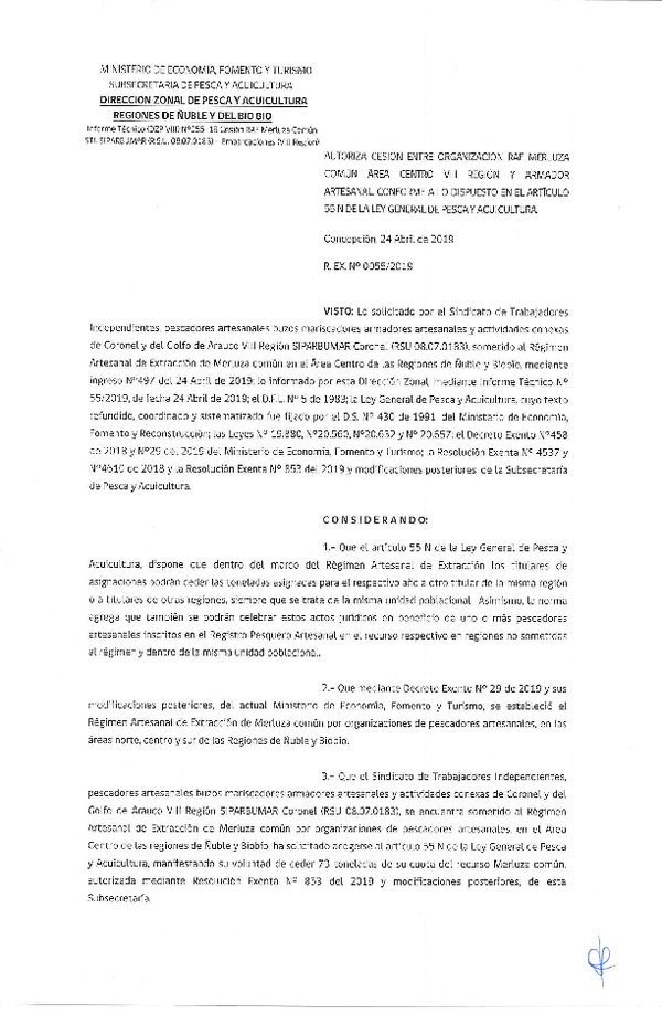 Res. Ex. N° 55-2019 (DZP VIII) Autoriza cesión Merluza común Regiones de Ñuble y del Biobío.