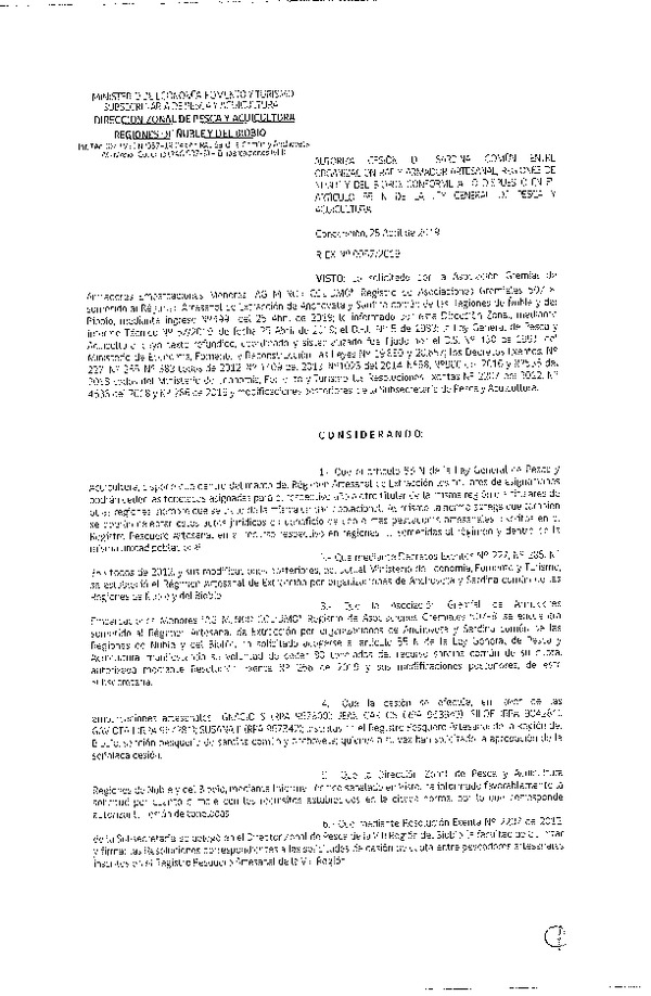 Res. Ex. N° 57-2019 (DZP VIII) Autoriza cesión sardina común Regiones de Ñuble y del Biobío.