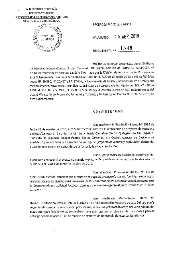 Res. Ex. N° 1549-2019 Prorroga Plan de Manejo.