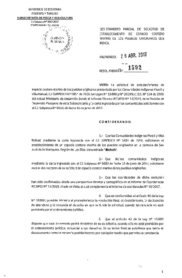 Res. Ex. N° 1592-2019 Desistimiento parcial de solicitud de establecimiento ECMPO Mehuín. (Publicado en Página Web 26-04-2019)